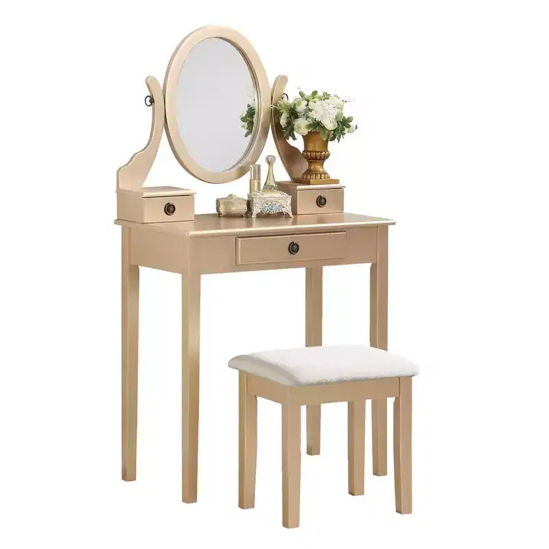 Roundhill Furniture Moniys Wood Moniya Makeup Vanity Table and Stool Set, Gold
