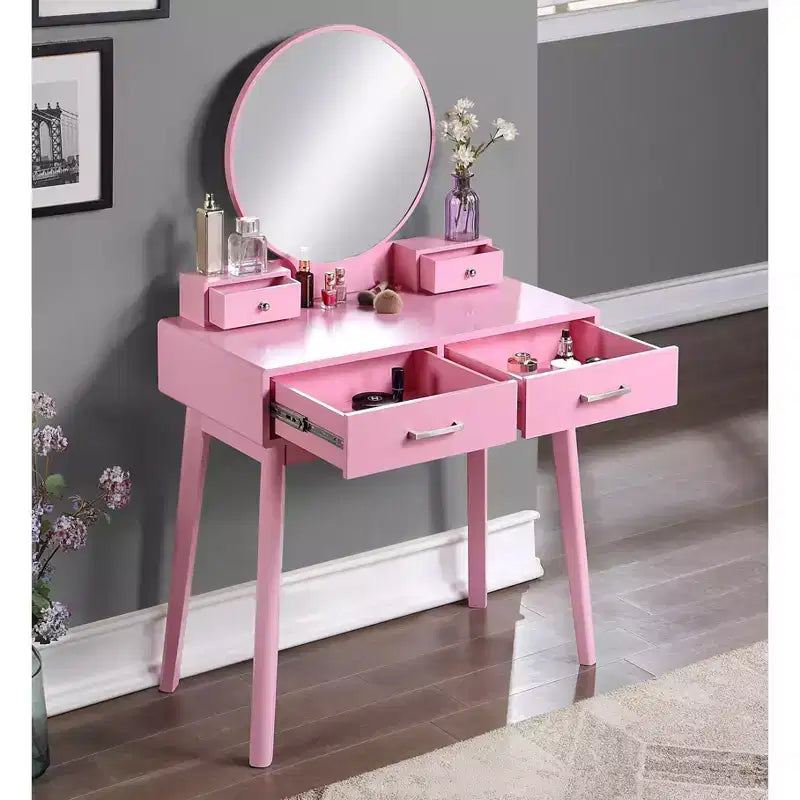 Liannon modernes Schminktisch- und Hocker-Set aus Holz, Rosa