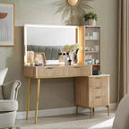 Fluted Makeup Vanity Tables with 36 HD Lighted Mirror, 48 Big Modern Vanity Desk with Glass Top & 5 Drawers & Shelves, Dressing Table