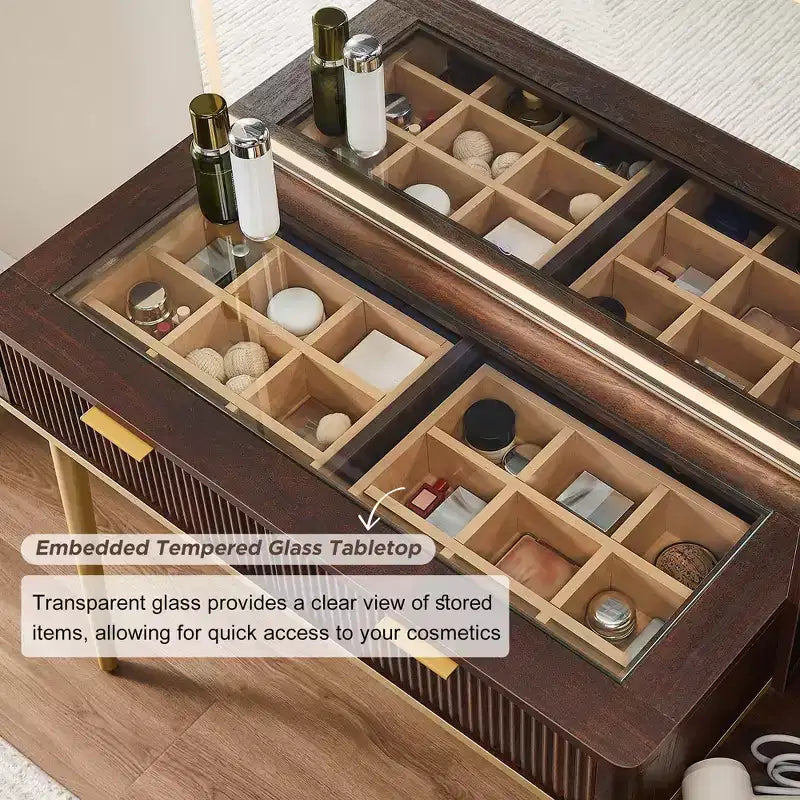 Mesas tocador de maquillaje estriadas con espejo HD iluminado de 36, escritorio tocador moderno grande de 48 con superficie de vidrio, 5 cajones y estantes, mesa de maquillaje