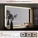 Mesas tocador de maquillaje estriadas con espejo HD iluminado de 36, escritorio tocador moderno grande de 48 con superficie de vidrio, 5 cajones y estantes, mesa de maquillaje