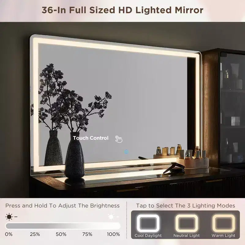 Mesas tocador de maquillaje estriadas con espejo HD iluminado de 36, escritorio tocador moderno grande de 48 con superficie de vidrio, 5 cajones y estantes, mesa de maquillaje