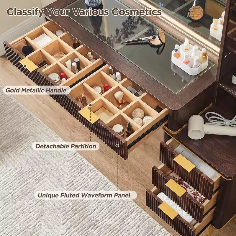 Mesas tocador de maquillaje estriadas con espejo HD iluminado de 36, escritorio tocador moderno grande de 48 con superficie de vidrio, 5 cajones y estantes, mesa de maquillaje