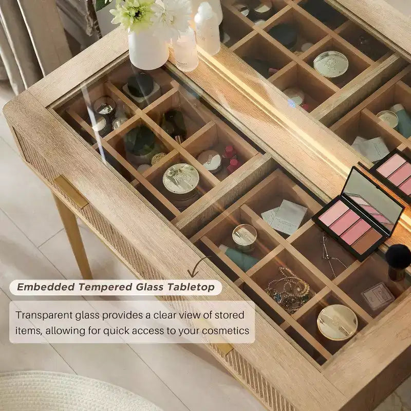 Mesas tocador de maquillaje estriadas con espejo HD iluminado de 36, escritorio tocador moderno grande de 48 con superficie de vidrio, 5 cajones y estantes, mesa de maquillaje