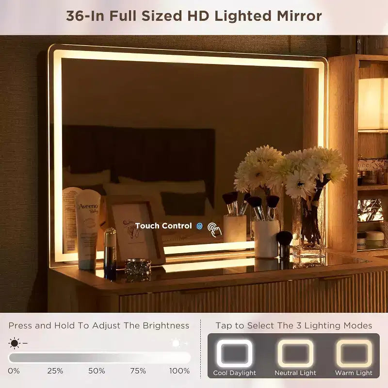 Mesas tocador de maquillaje estriadas con espejo HD iluminado de 36, escritorio tocador moderno grande de 48 con superficie de vidrio, 5 cajones y estantes, mesa de maquillaje