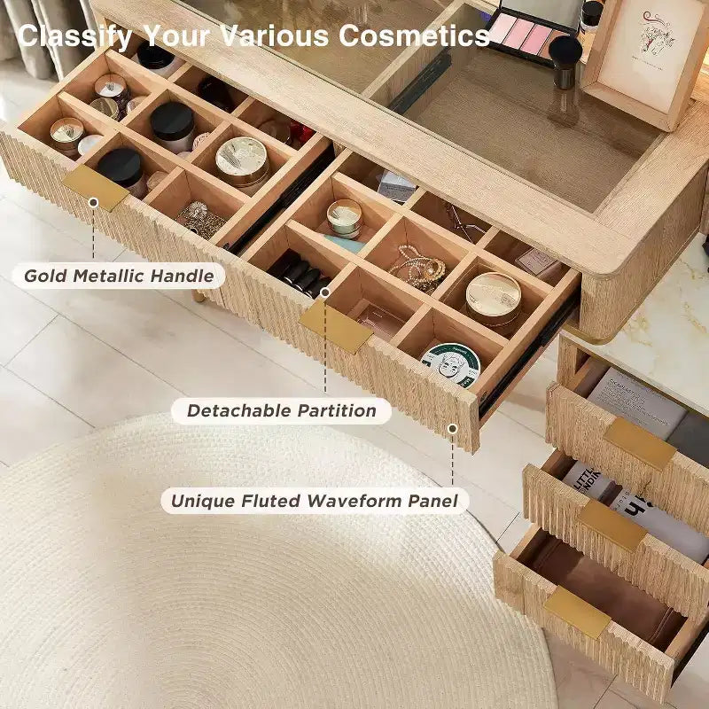 Mesas tocador de maquillaje estriadas con espejo HD iluminado de 36, escritorio tocador moderno grande de 48 con superficie de vidrio, 5 cajones y estantes, mesa de maquillaje