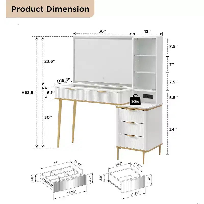 Mesas tocador de maquillaje estriadas con espejo HD iluminado de 36, escritorio tocador moderno grande de 48 con superficie de vidrio, 5 cajones y estantes, mesa de maquillaje