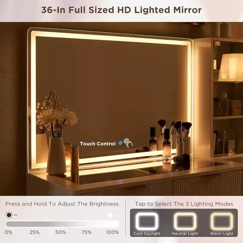 Mesas tocador de maquillaje estriadas con espejo HD iluminado de 36, escritorio tocador moderno grande de 48 con superficie de vidrio, 5 cajones y estantes, mesa de maquillaje