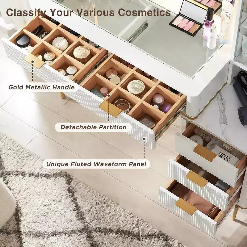 Mesas tocador de maquillaje estriadas con espejo HD iluminado de 36, escritorio tocador moderno grande de 48 con superficie de vidrio, 5 cajones y estantes, mesa de maquillaje