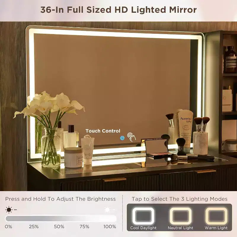 Mesas tocador de maquillaje estriadas con espejo HD iluminado de 36, escritorio tocador moderno grande de 48 con superficie de vidrio, 5 cajones y estantes, mesa de maquillaje