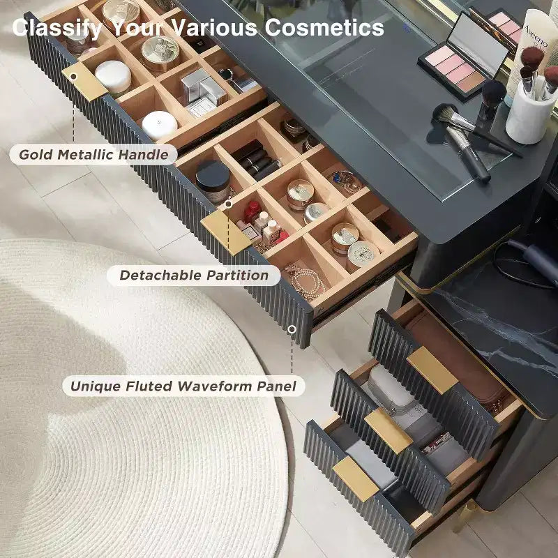 Mesas tocador de maquillaje estriadas con espejo HD iluminado de 36, escritorio tocador moderno grande de 48 con superficie de vidrio, 5 cajones y estantes, mesa de maquillaje