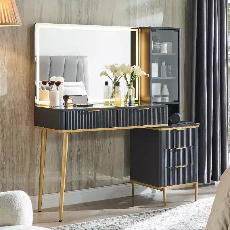Mesas tocador de maquillaje estriadas con espejo HD iluminado de 36, escritorio tocador moderno grande de 48 con superficie de vidrio, 5 cajones y estantes, mesa de maquillaje