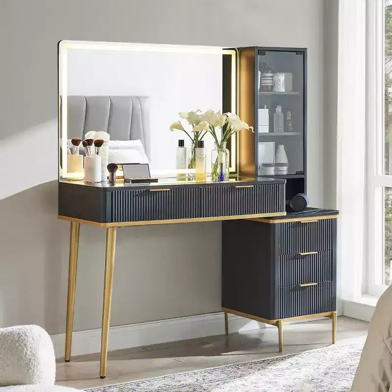 Mesas tocador de maquillaje estriadas con espejo HD iluminado de 36, escritorio tocador moderno grande de 48 con superficie de vidrio, 5 cajones y estantes, mesa de maquillaje