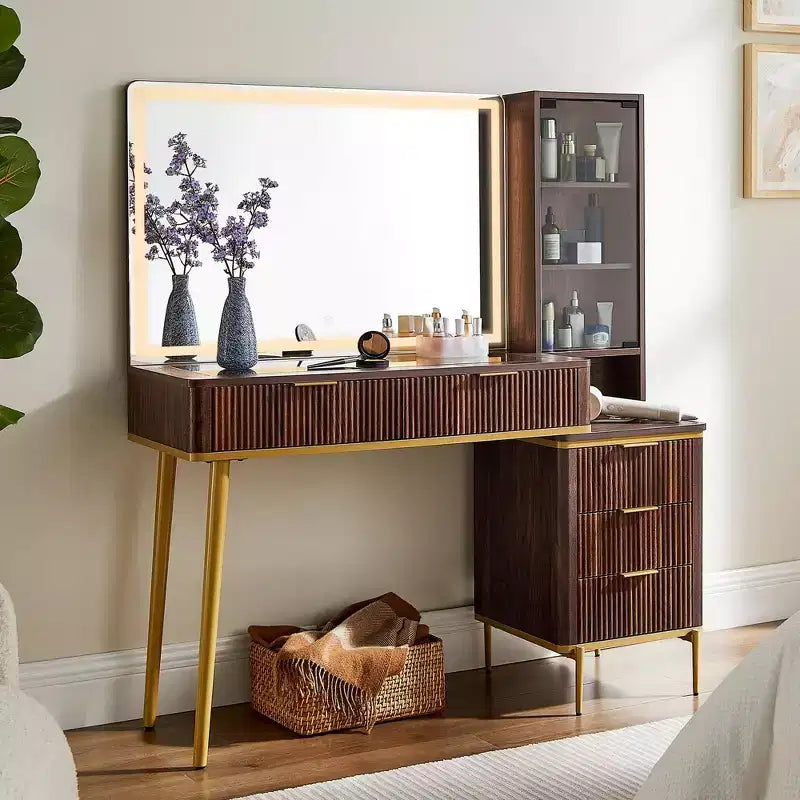 Mesas tocador de maquillaje estriadas con espejo HD iluminado de 36, escritorio tocador moderno grande de 48 con superficie de vidrio, 5 cajones y estantes, mesa de maquillaje