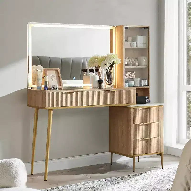 Mesas tocador de maquillaje estriadas con espejo HD iluminado de 36, escritorio tocador moderno grande de 48 con superficie de vidrio, 5 cajones y estantes, mesa de maquillaje