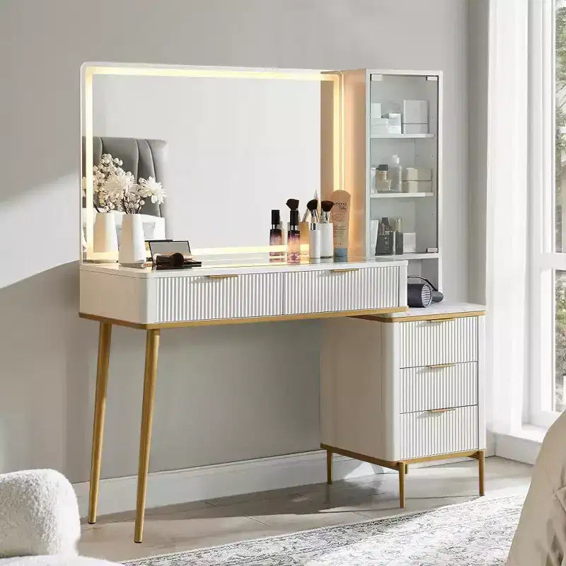 Mesas tocador de maquillaje estriadas con espejo HD iluminado de 36, escritorio tocador moderno grande de 48 con superficie de vidrio, 5 cajones y estantes, mesa de maquillaje