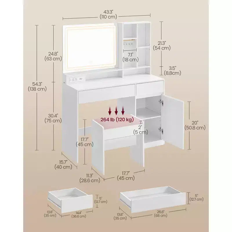 VASAGLE kaptafel met spiegel en verlichting, kaptafelset met kruk, laden, sieradenopbergruimte en verstelbare planken, wolkenwit