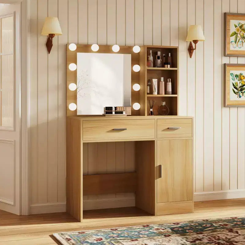 HYLEORY kaptafel met spiegel, stopcontact en 10 lampen, make-uptafel met 3 lades en 3 beschikbare kleurmodi voor de slaapkamer