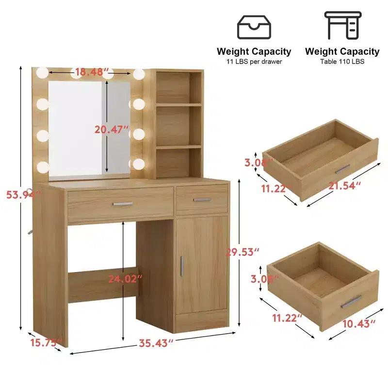 HYLEORY kaptafel met spiegel, stopcontact en 10 lampen, make-uptafel met 3 lades en 3 beschikbare kleurmodi voor de slaapkamer