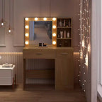 HYLEORY kaptafel met spiegel, stopcontact en 10 lampen, make-uptafel met 3 lades en 3 beschikbare kleurmodi voor de slaapkamer
