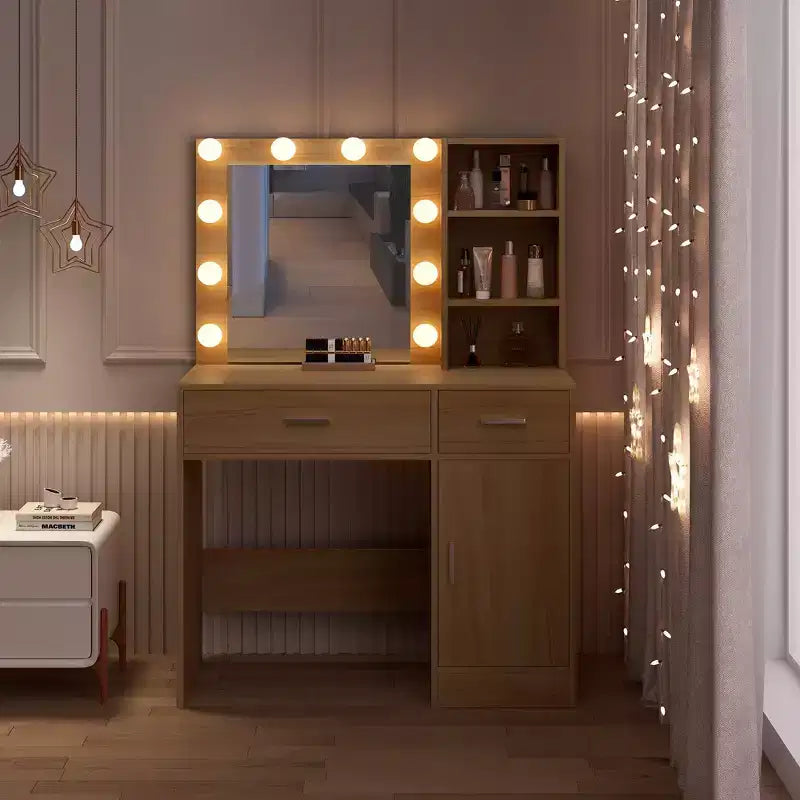 HYLEORY kaptafel met spiegel, stopcontact en 10 lampen, make-uptafel met 3 lades en 3 beschikbare kleurmodi voor de slaapkamer
