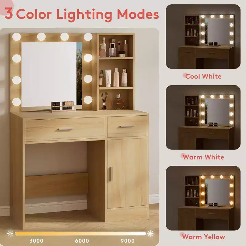 HYLEORY kaptafel met spiegel, stopcontact en 10 lampen, make-uptafel met 3 lades en 3 beschikbare kleurmodi voor de slaapkamer