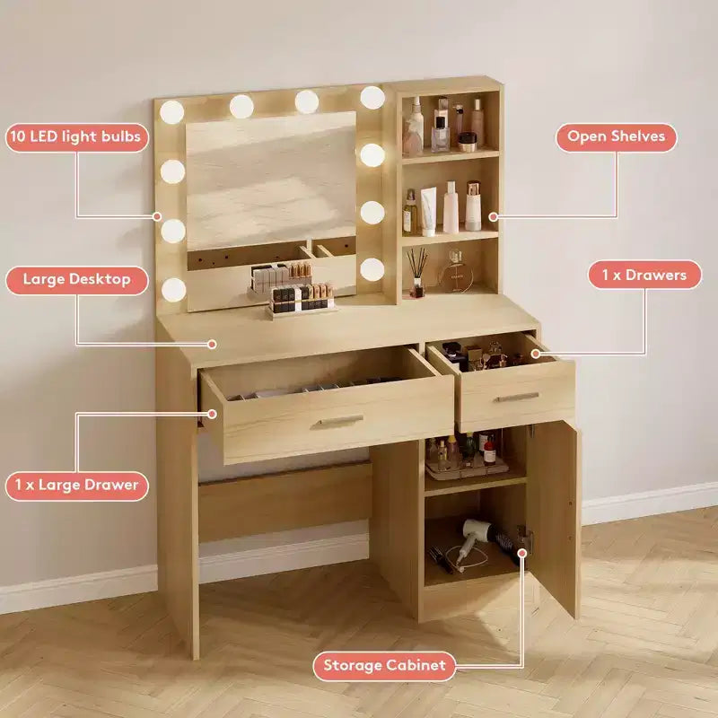HYLEORY kaptafel met spiegel, stopcontact en 10 lampen, make-uptafel met 3 lades en 3 beschikbare kleurmodi voor de slaapkamer