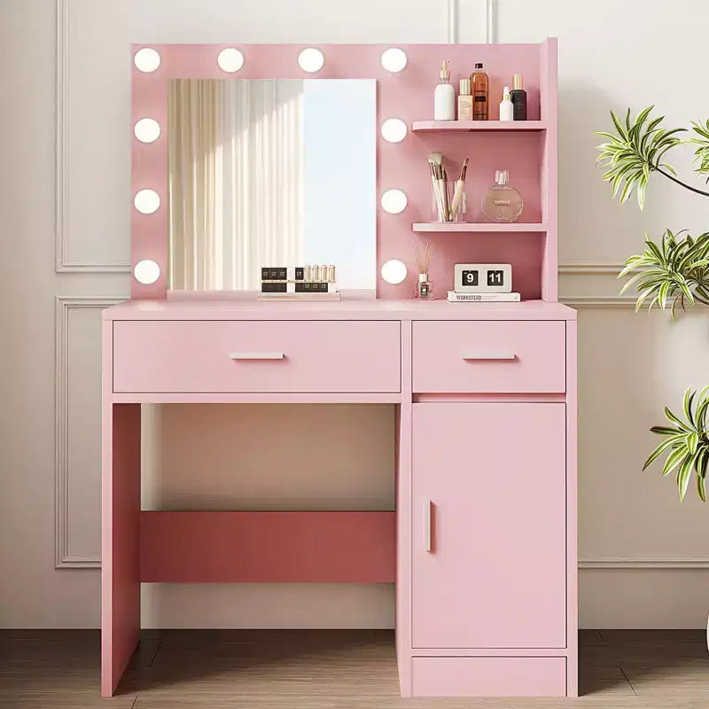 Escritorio tocador HYLEORY con espejo, toma de corriente y 10 luces, mesa de maquillaje con 3 cajones y 3 modos de color disponibles para dormitorio