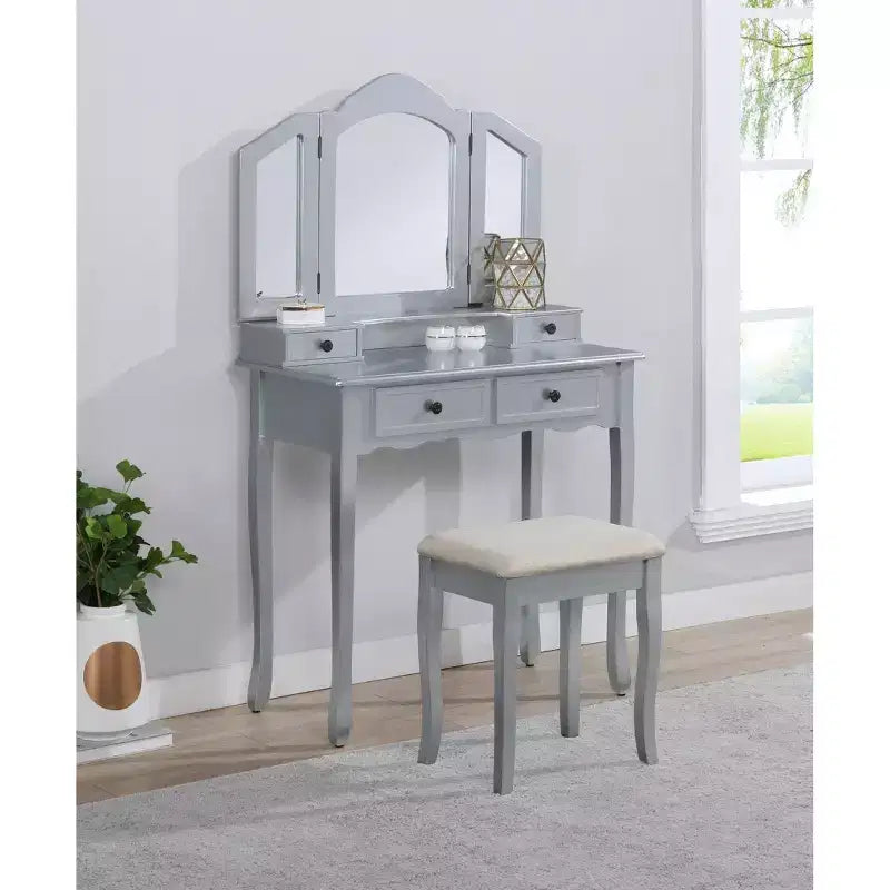Conjunto de mesa y silla de maquillaje de madera Sanlo, color oro rosa