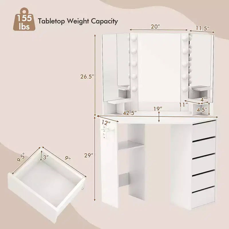 Costway hoekkaptafel en cosmeticaopstelling met ledspiegel en stopcontacten, zwart/wit