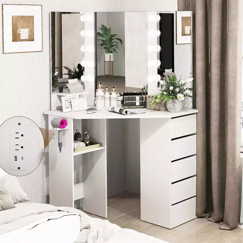 Costway hoekkaptafel en cosmeticaopstelling met ledspiegel en stopcontacten, zwart/wit