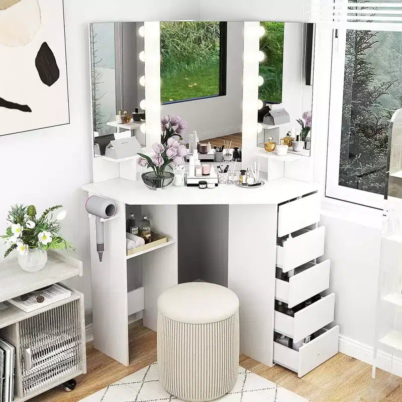 Costway hoekkaptafel en cosmeticaopstelling met ledspiegel en stopcontacten, zwart/wit