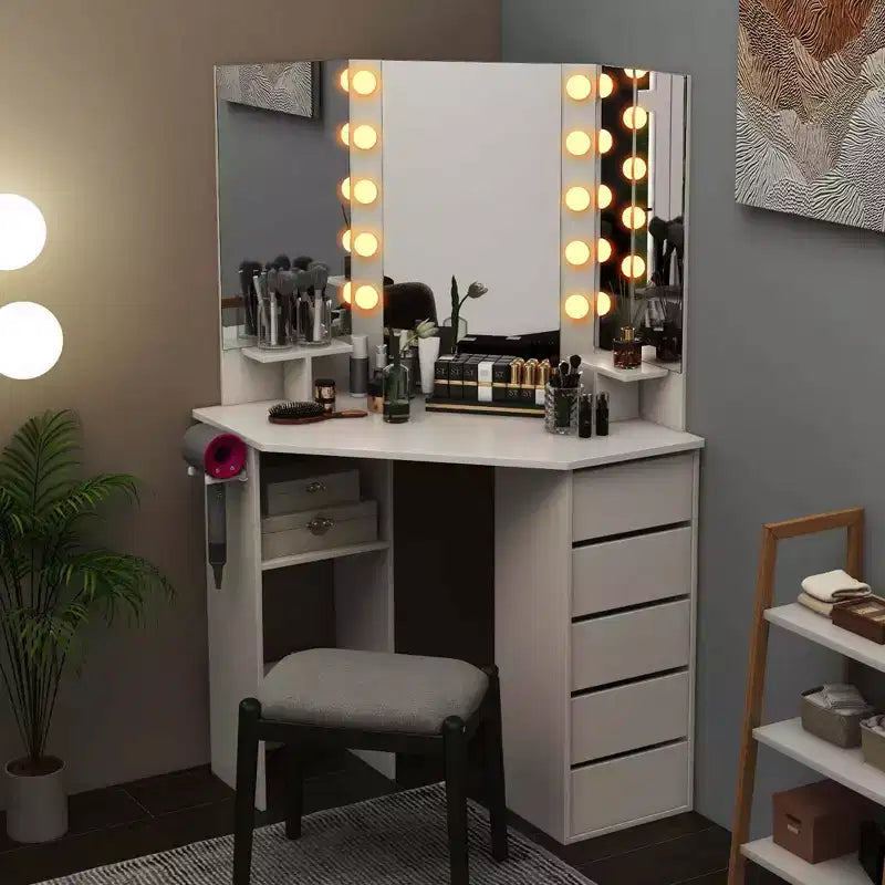 Costway hoekkaptafel en cosmeticaopstelling met ledspiegel en stopcontacten, zwart/wit