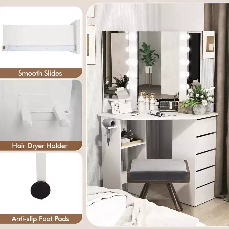 Costway hoekkaptafel en cosmeticaopstelling met ledspiegel en stopcontacten, zwart/wit