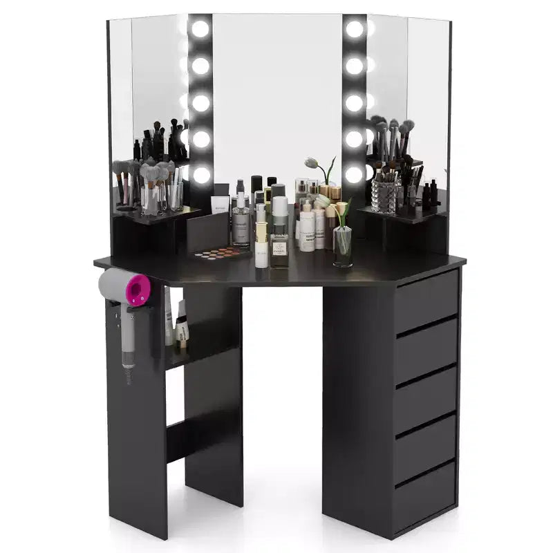 Costway hoekkaptafel en cosmeticaopstelling met ledspiegel en stopcontacten, zwart/wit