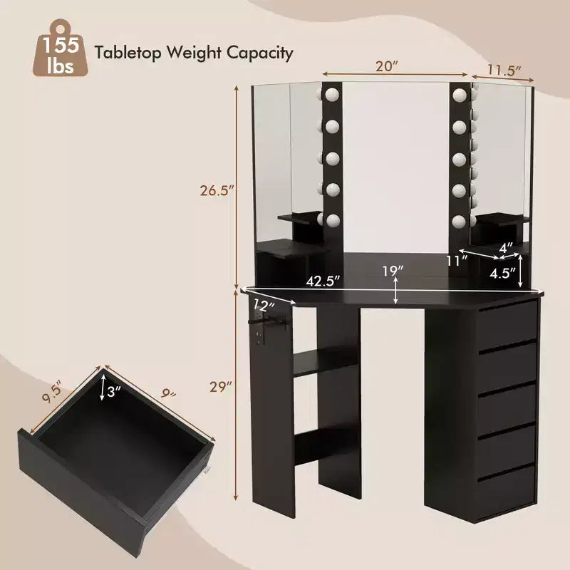 Costway hoekkaptafel en cosmeticaopstelling met ledspiegel en stopcontacten, zwart/wit