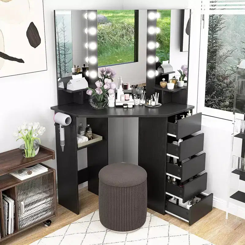 Costway hoekkaptafel en cosmeticaopstelling met ledspiegel en stopcontacten, zwart/wit