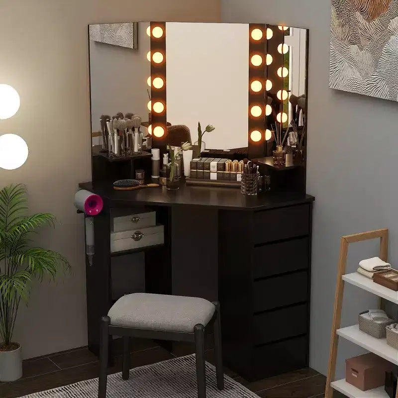 Costway hoekkaptafel en cosmeticaopstelling met ledspiegel en stopcontacten, zwart/wit