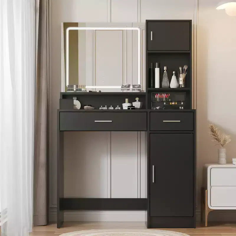 35.4W Vanity Desk with Mirror & LED Light Strip, Dressing Table with Drawers, 3 Level Storage Dresser & 3 Lighting Modes - ModernLuxe