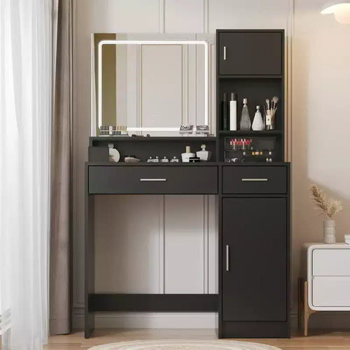 Escritorio tocador de 35.4 de ancho con espejo y tira de luz LED, mesa tocador con cajones, cómoda de almacenamiento de 3 niveles y 3 modos de iluminación - ModernLuxe