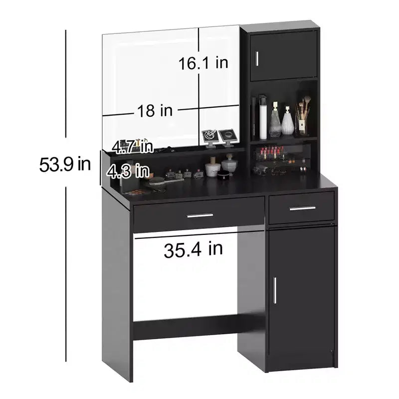 35.4W Vanity Desk with Mirror & LED Light Strip, Dressing Table with Drawers, 3 Level Storage Dresser & 3 Lighting Modes - ModernLuxe