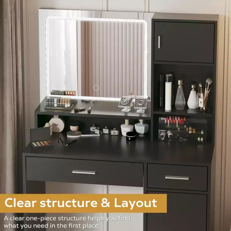 35.4W Vanity Desk with Mirror & LED Light Strip, Dressing Table with Drawers, 3 Level Storage Dresser & 3 Lighting Modes - ModernLuxe