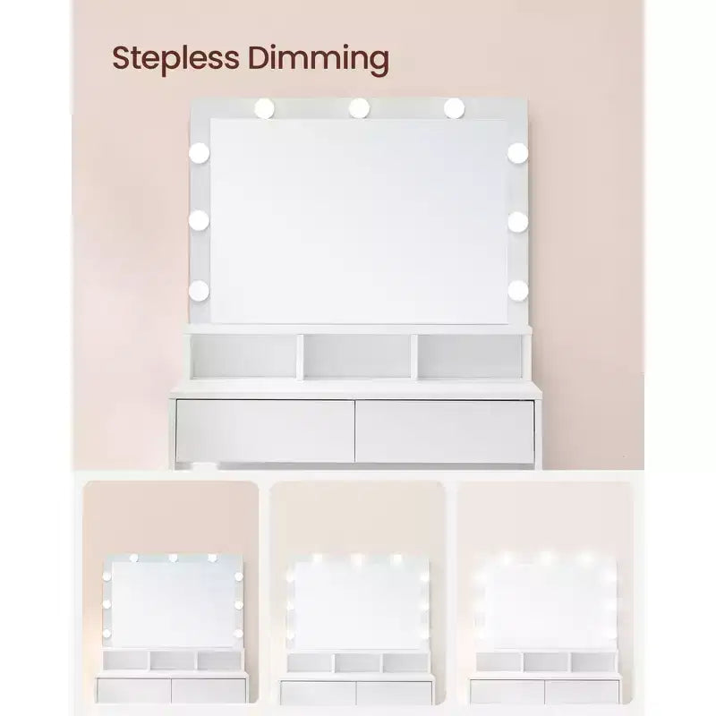 Escritorio tocador VASAGLE con espejo y luces, tocador de maquillaje con espejo grande, brillo ajustable, mesa tocador, escritorio de maquillaje moderno