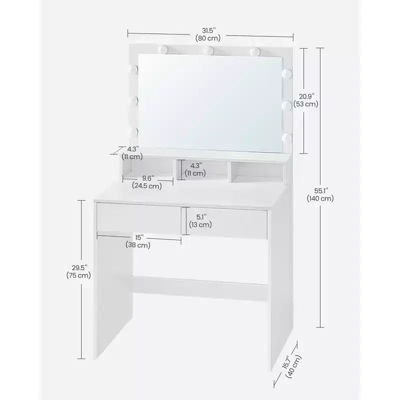 Escritorio tocador VASAGLE con espejo y luces, tocador de maquillaje con espejo grande, brillo ajustable, mesa tocador, escritorio de maquillaje moderno