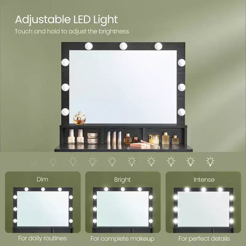 Escritorio tocador VASAGLE con espejo y luces, tocador de maquillaje con espejo grande, brillo ajustable, mesa tocador, escritorio de maquillaje moderno