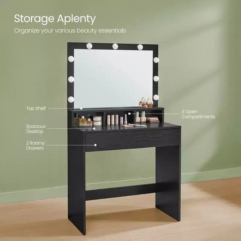 Escritorio tocador VASAGLE con espejo y luces, tocador de maquillaje con espejo grande, brillo ajustable, mesa tocador, escritorio de maquillaje moderno
