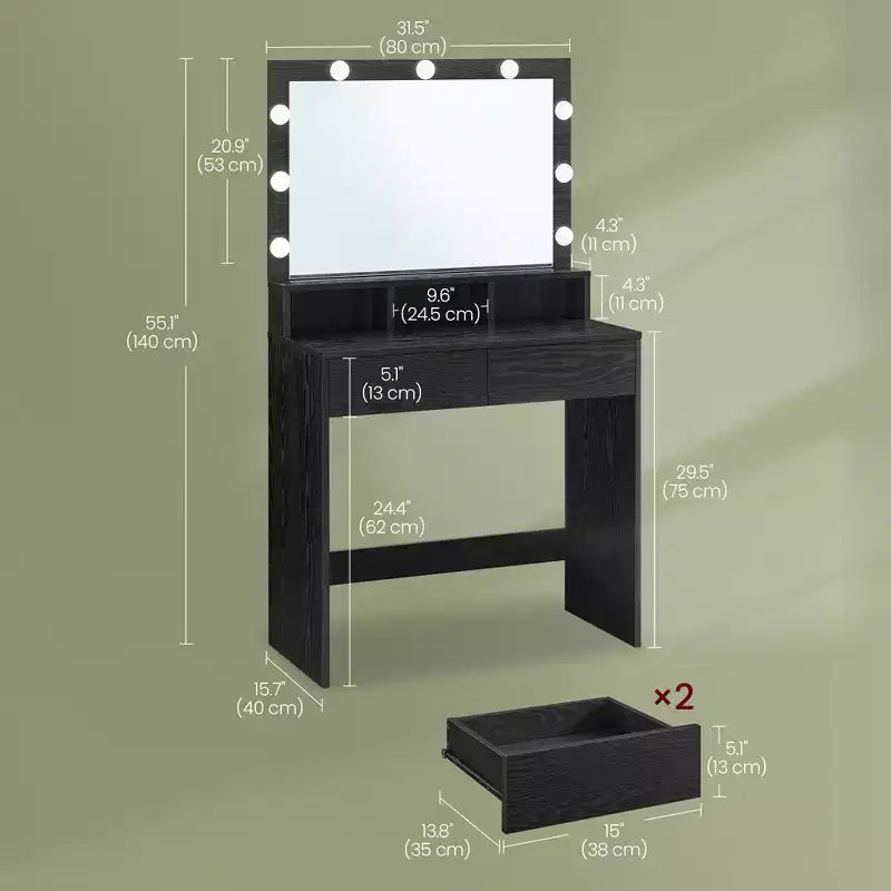 Escritorio tocador VASAGLE con espejo y luces, tocador de maquillaje con espejo grande, brillo ajustable, mesa tocador, escritorio de maquillaje moderno
