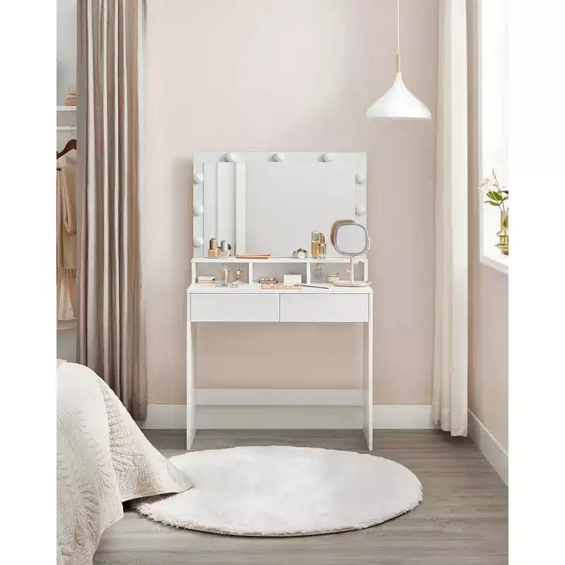 Escritorio tocador VASAGLE con espejo y luces, tocador de maquillaje con espejo grande, brillo ajustable, mesa tocador, escritorio de maquillaje moderno