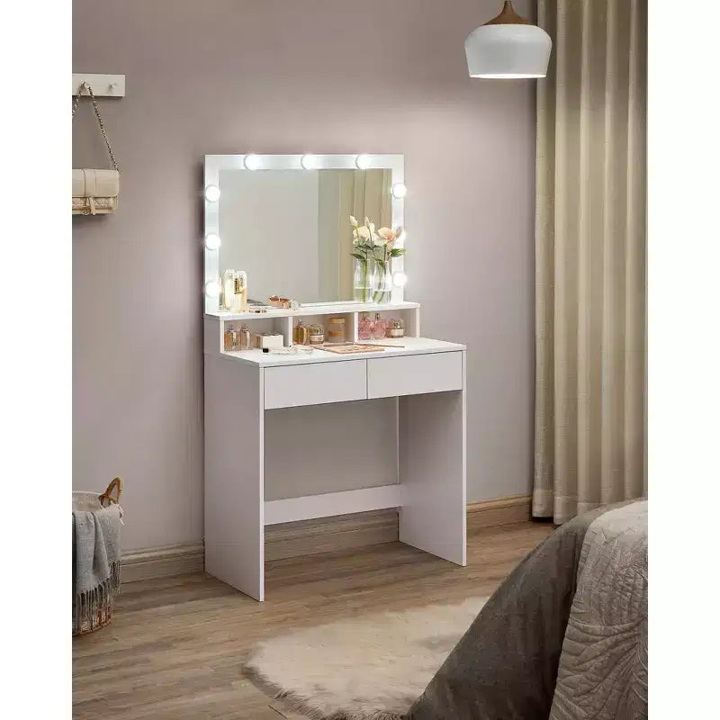Escritorio tocador VASAGLE con espejo y luces, tocador de maquillaje con espejo grande, brillo ajustable, mesa tocador, escritorio de maquillaje moderno