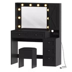 Makeup Vanity Desk and Stool, Vanity Desk with Lights, Vanity Table Set with Charging Station, Drawers and Hidden Storage Shelves